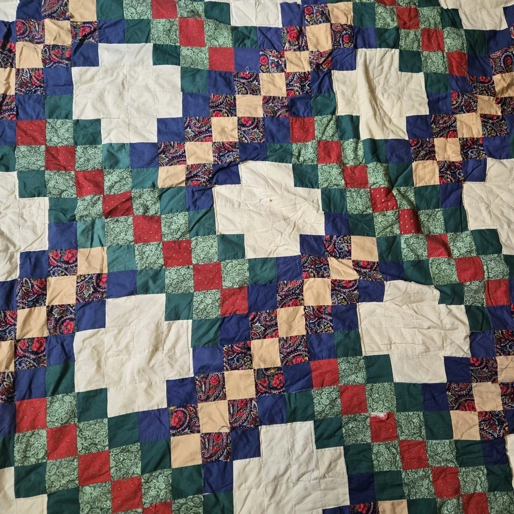 Vintage Quilt -Red Blue Double Irish Chain Pattern - Full/Queen Size 94×80